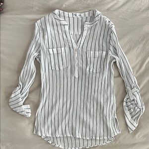 Women’s striped white rolled tab sleeve Henley blouse